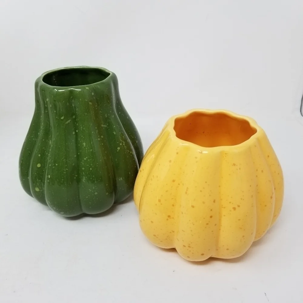 Crate and Barrel Flecked Vase Planter Gourd Squash Yellow Green Signed B Eigler